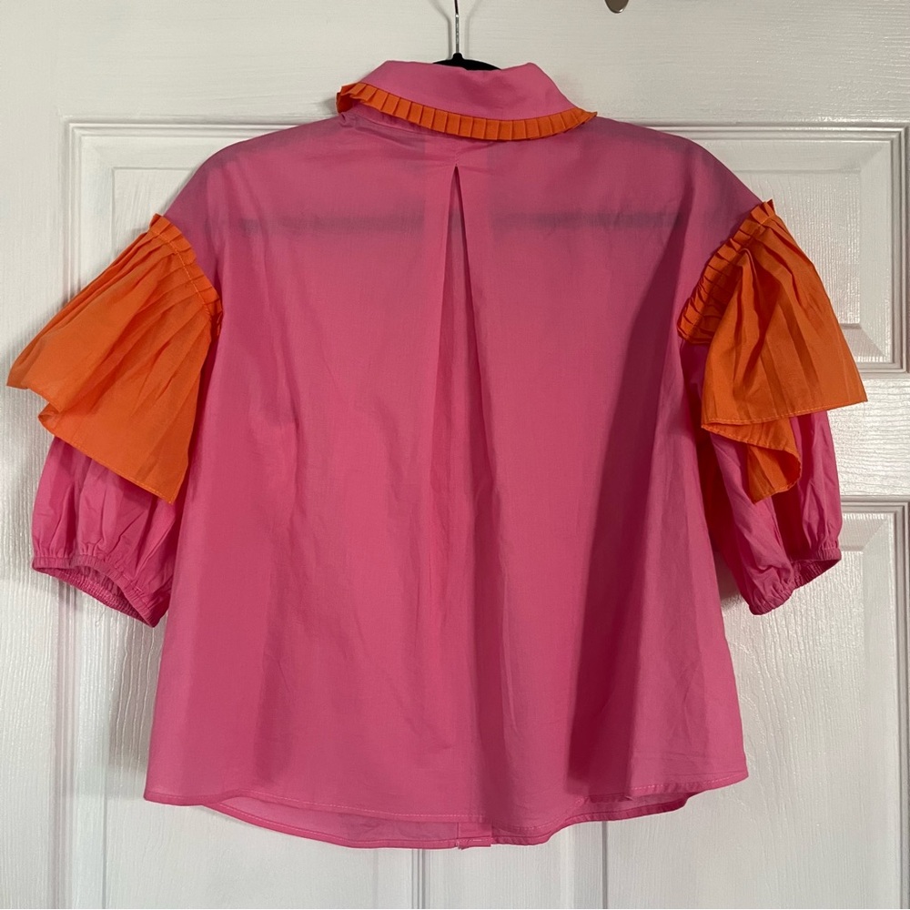 Karlie Pink and Orange Puff Sleeve Button-Up Top - Picture 6 of 7